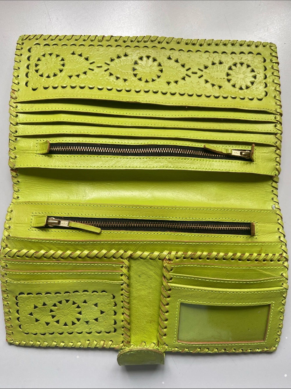 Cleobella Mexicana Lime Green Leather Hand Tooled Clutch Purse Wallet Boho